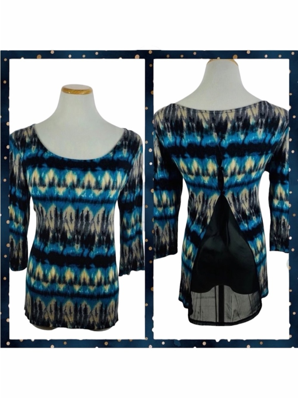 10/$25🦋 Shanley Blue/Tan/Black 3/4 Sleeve Tee w/ Sheer Split Back - Size Large